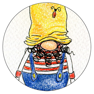 Rhubarb le gnome échevelé, partenaire de Garance, avec son bonnet jaune soleil